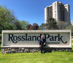 IMAGE: SVN Rock Advisors chief executive officer and broker of record Derek Lobo sits at the entrance to Rossland Park in Oshawa. (Courtesy SVN Rock Advisors)